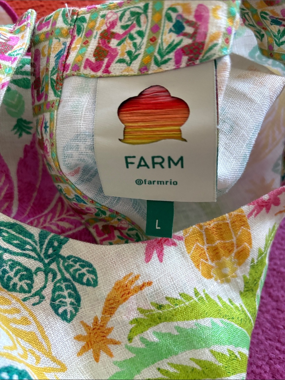 Farm Rio linen Embroidered Floral Scallop Top - Pink & Green L - Picture 6 of 7